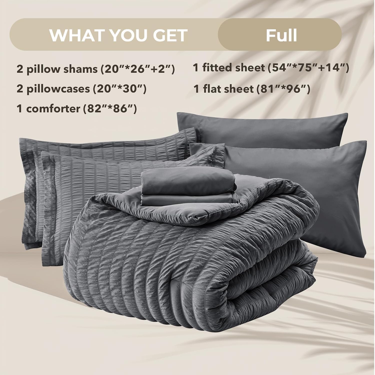 Full Comforter Set - 7PCS Bed in a Bag, Seersucker Bedding Set, Dark Grey - Image 5