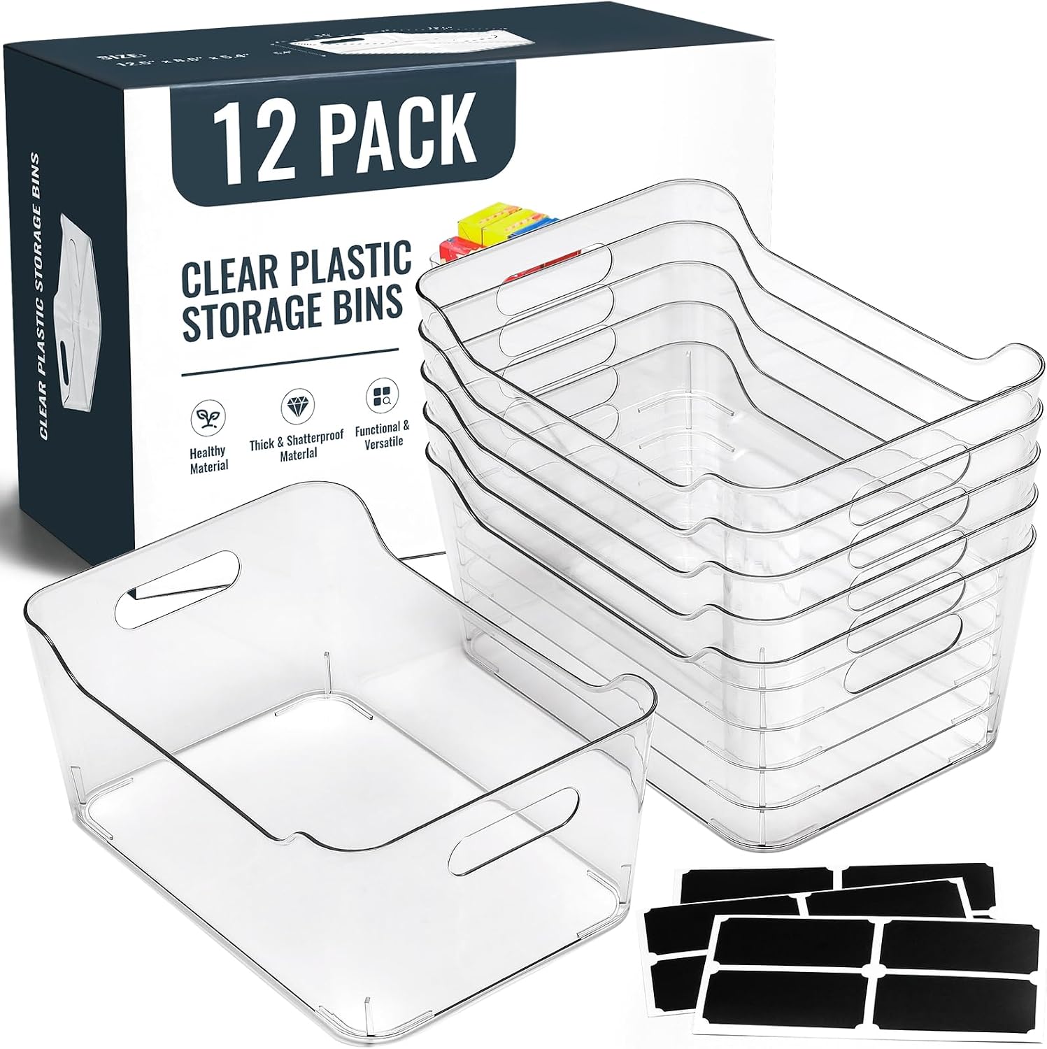12 PACK Multi-Use Clear Storage Bins, Pantry Kitchen Cabinet Organizer Bins