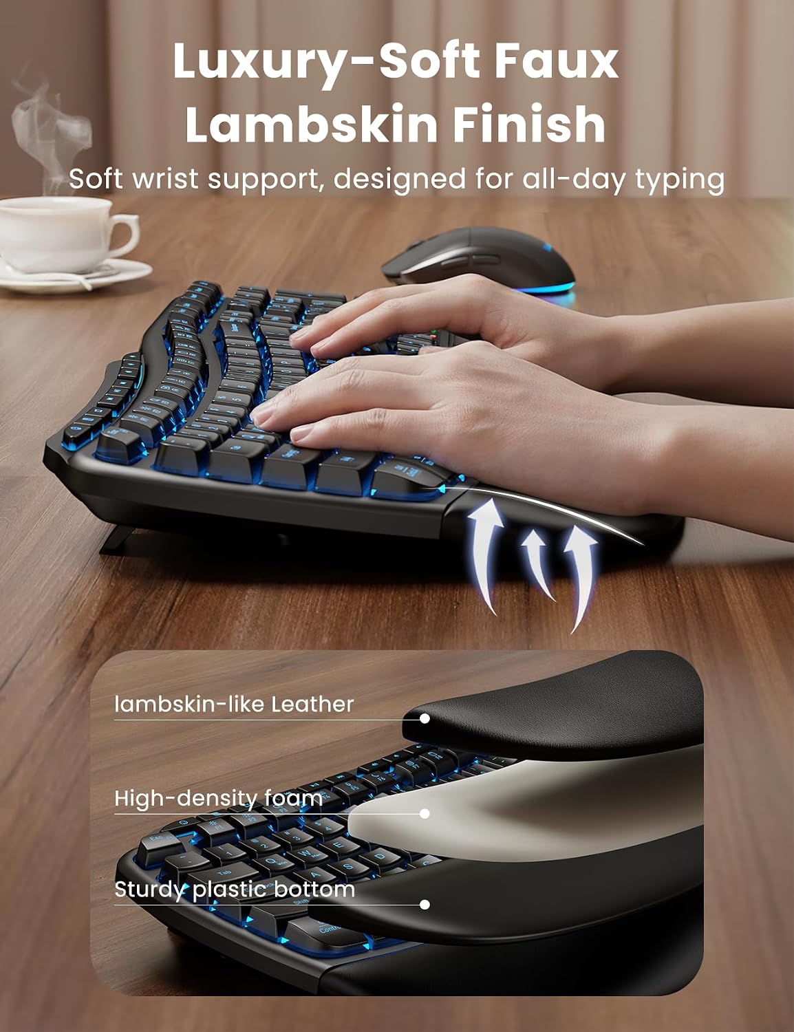 SABLUTE Ergonomic Wireless Keyboard and Mouse Combo, Rechargeable 4000mAh Backlit Keyboard with Soft Faux Lambskin Palm Rest, Wave Keys for Natural Typing, Compatible with Windows/Mac/Chrome OS - Image 3