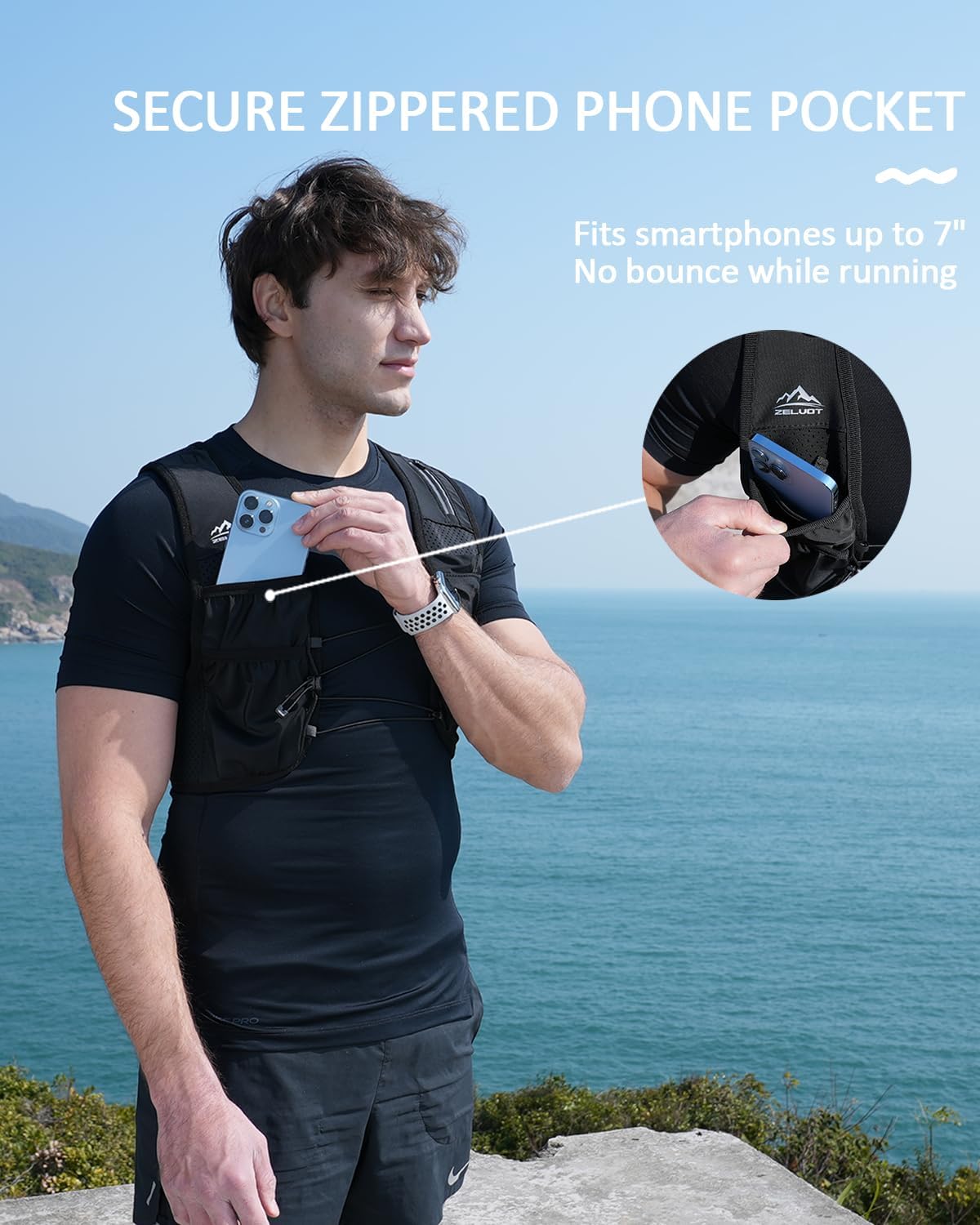 Zelvot Running Vest for Women Men, US Patent, Adjustable Chest Straps Running Hydration Vest with 500ml Soft Flask, Lightweight Reflective Hydration Backpack for Marathon - Image 3