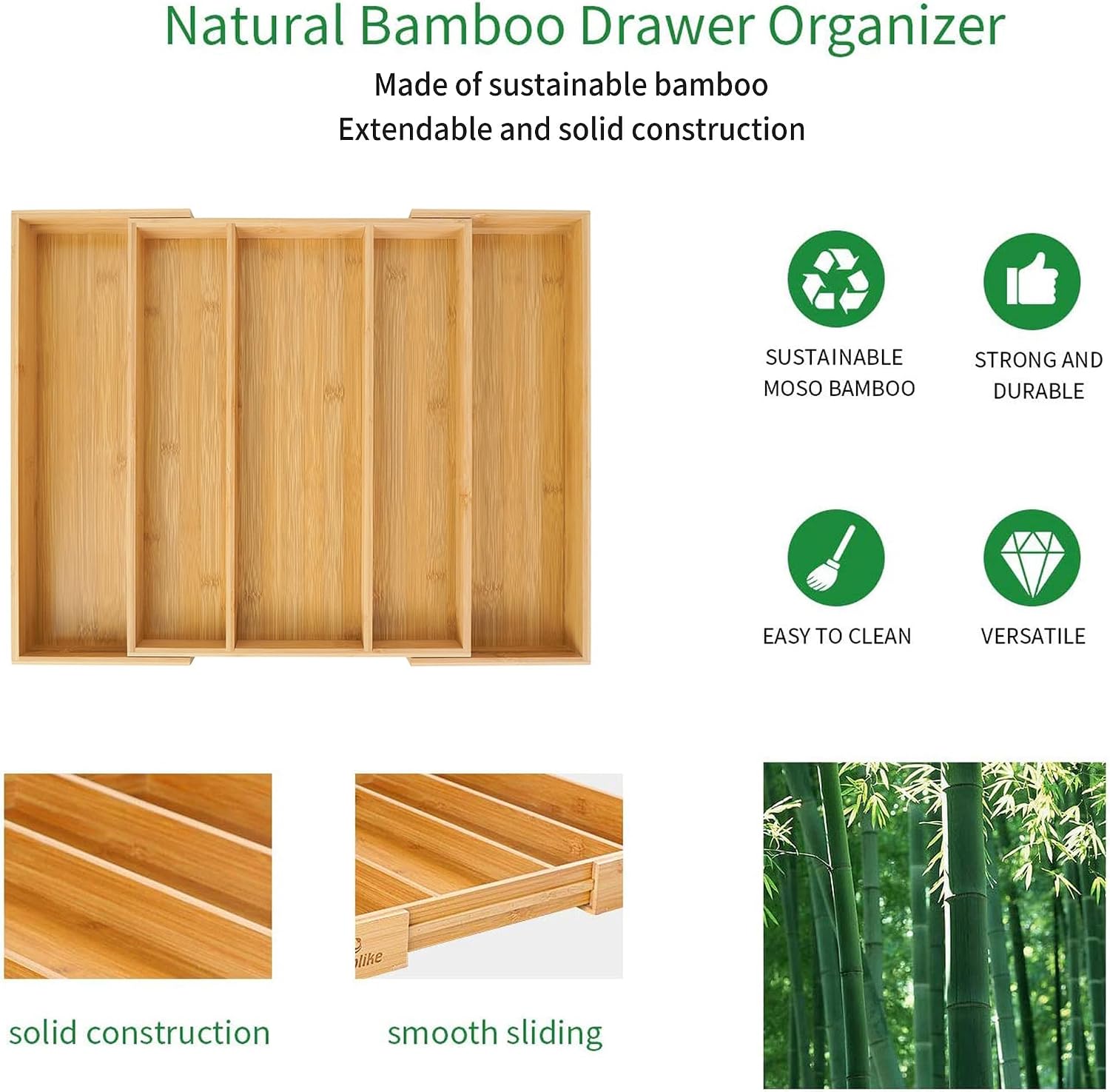 Utoplike Bamboo Expandable Kitchen Drawer Organizer Silverware Utensil Tray - Image 6