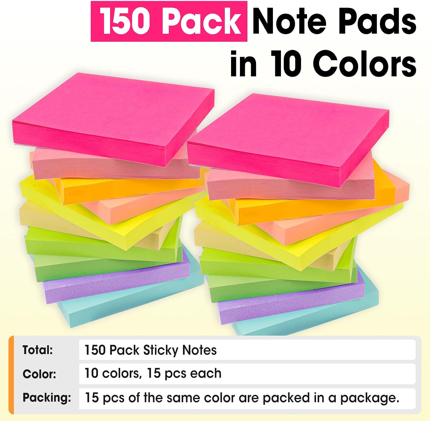 150 Pads Sticky Notes 3x3, Self-Stick Pads Bulk Bright Colors, School Supplies, Office Products, 50 Sheet/Pad - Image 5