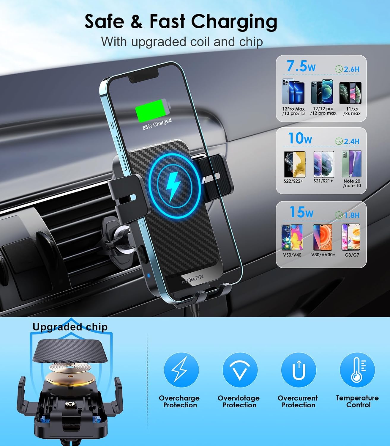 Wireless Car Charger 15W Fast Charging Auto-Clamping Air Vent Phone Mount - Image 2