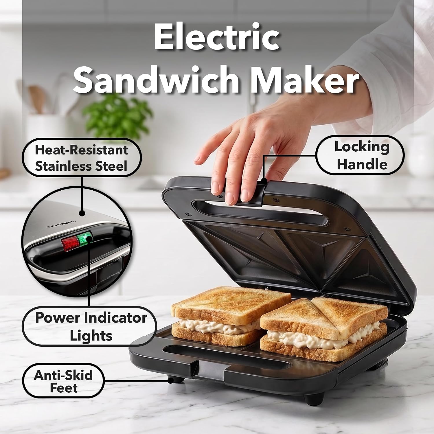 OVENTE Electric Sandwich Maker, 750W Non-Stick Plates, Black GPS401B - Image 3