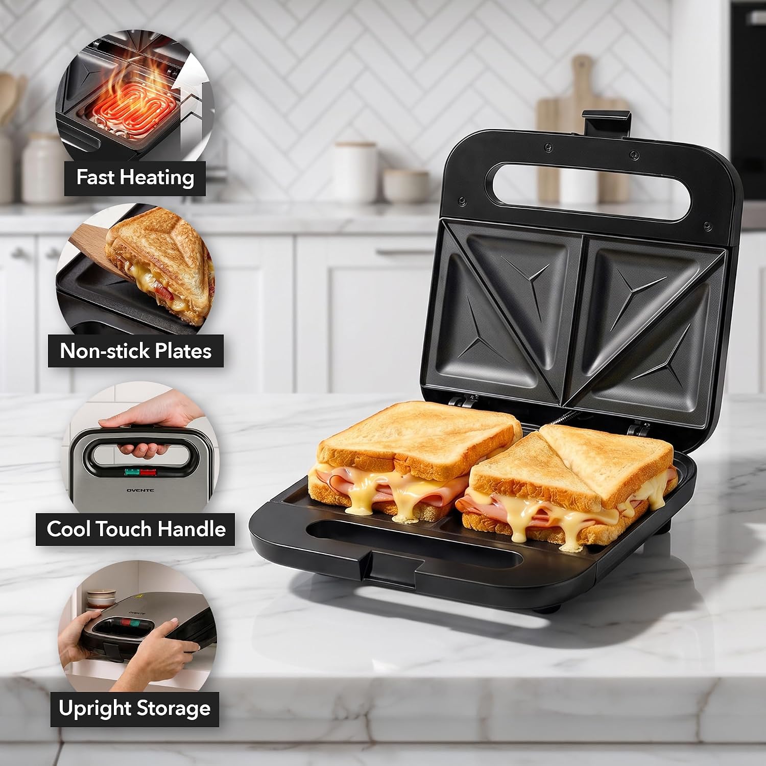OVENTE Electric Sandwich Maker, 750W Non-Stick Plates, Black GPS401B - Image 2