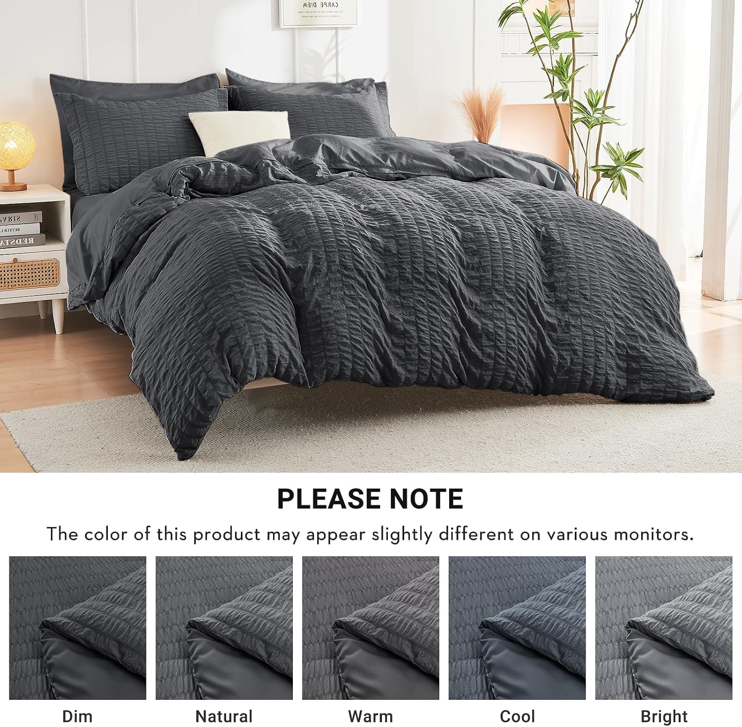 Queen Comforter Set - 7PCS Bed in a Bag, Seersucker Bedding Set, Dark Grey - Image 7