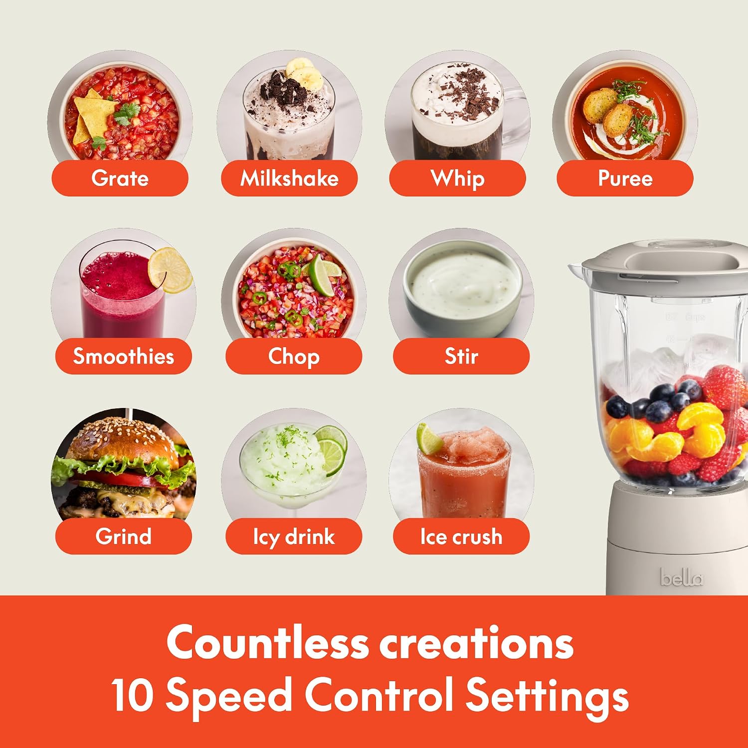 bella Fits-anywhere™ Flip & Store Blender, 48 oz, 520W, 10-speed, Oatmilk - Image 5