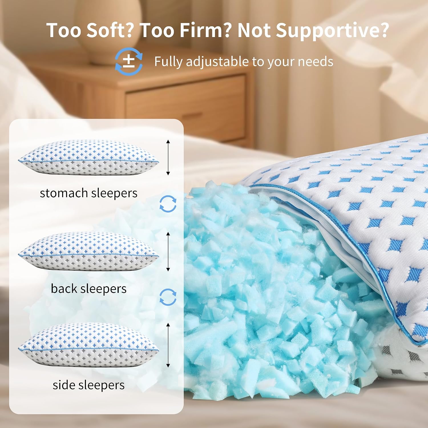 Queen Pillow 1 Pack, Cooling Shredded Memory Foam Pillow - Image 6