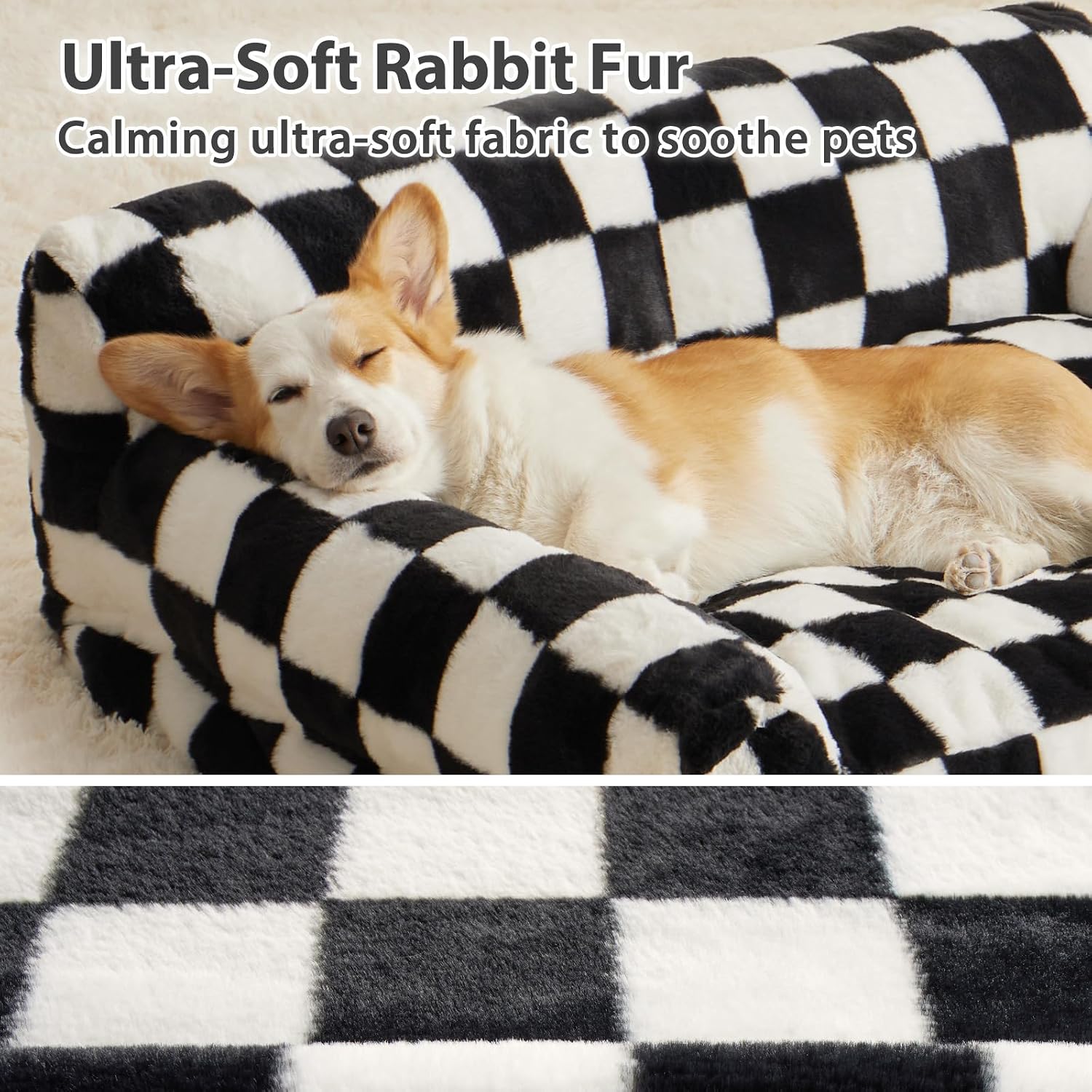BFPETHOME Large Dog Couch Bed, Cute Pet Sofa with Non-Slip Bottom, Checkered Dog Bed with Washable Cover, XL Pet Couch (Black&White) - Image 2