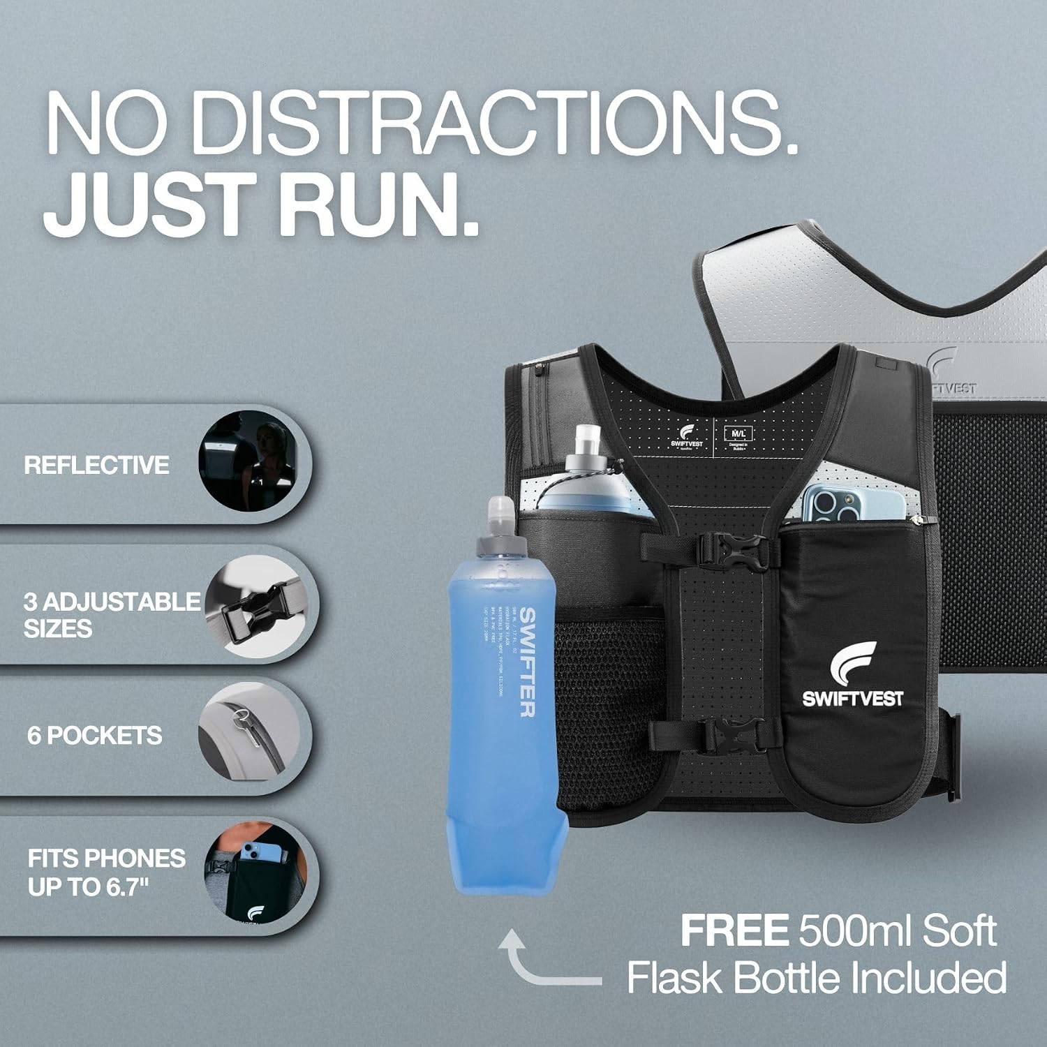Running Phone Holder Vest with 500ml/17oz Water Bottle | Reflective Hydration Vest | Adjustable | Light | 6 Pockets for Running Accessories | Unisex - Image 2