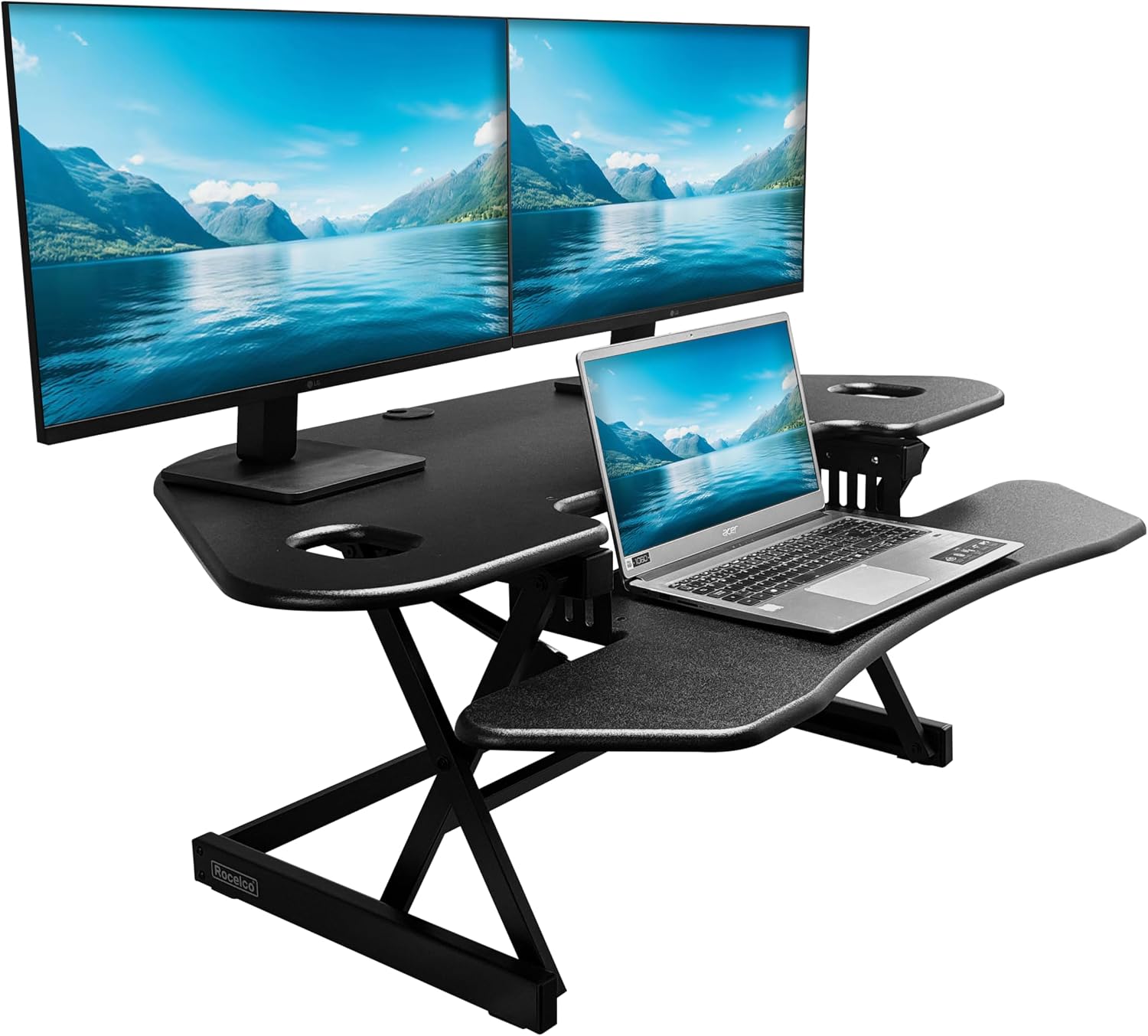 Rocelco 46" Height Adjustable Corner Standing Desk Converter - Quick Sit Stand Up Dual Monitor Riser - Gas Spring Assist Tabletop Computer Workstation - Large Keyboard Tray - Black (R CADRB-46) - Image 5