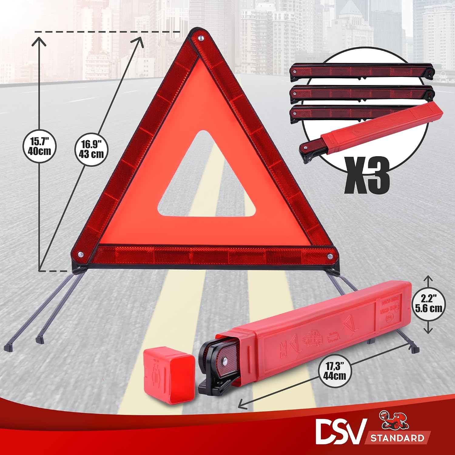 DSV Standard Emergency Triangles, Warning Triangles for Vehicles, Reflective Triangle, Safety Triangles with Case for Vehicles Breakdown, 3-Pack - Image 2