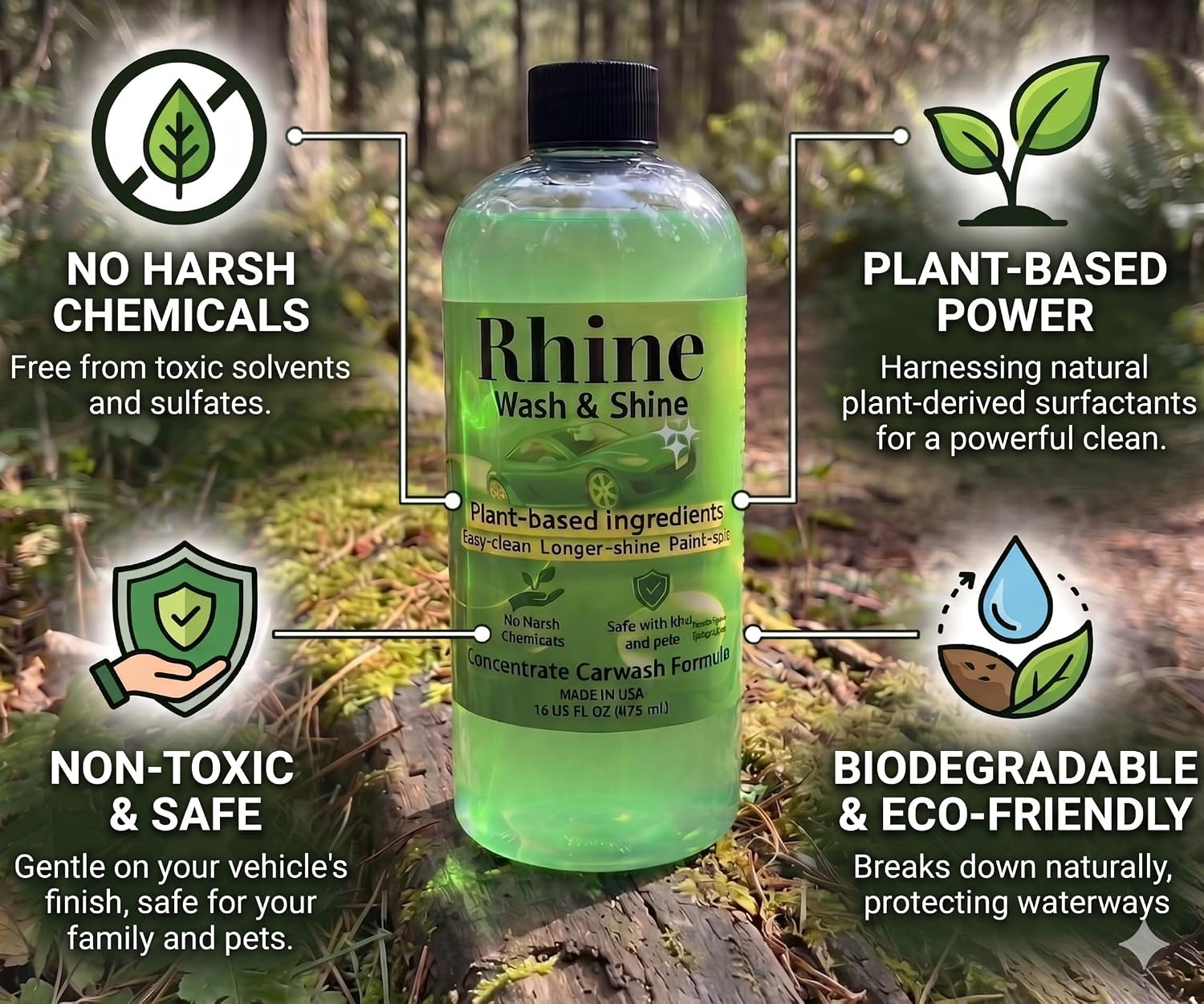 Plant-based Eco-friendly Car Wash Soap, Non-Toxic, Moderate-Foam Concentrated Soap with rinse & no-rinse options - Image 2