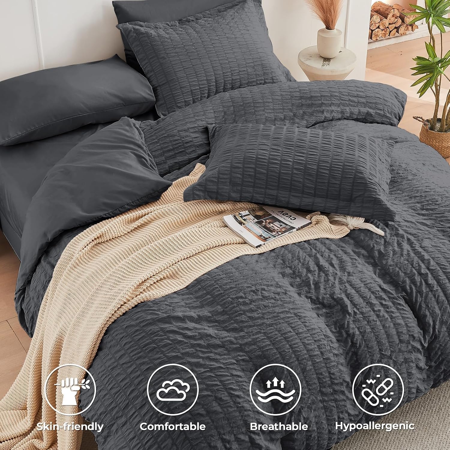 Queen Comforter Set - 7PCS Bed in a Bag, Seersucker Bedding Set, Dark Grey - Image 3