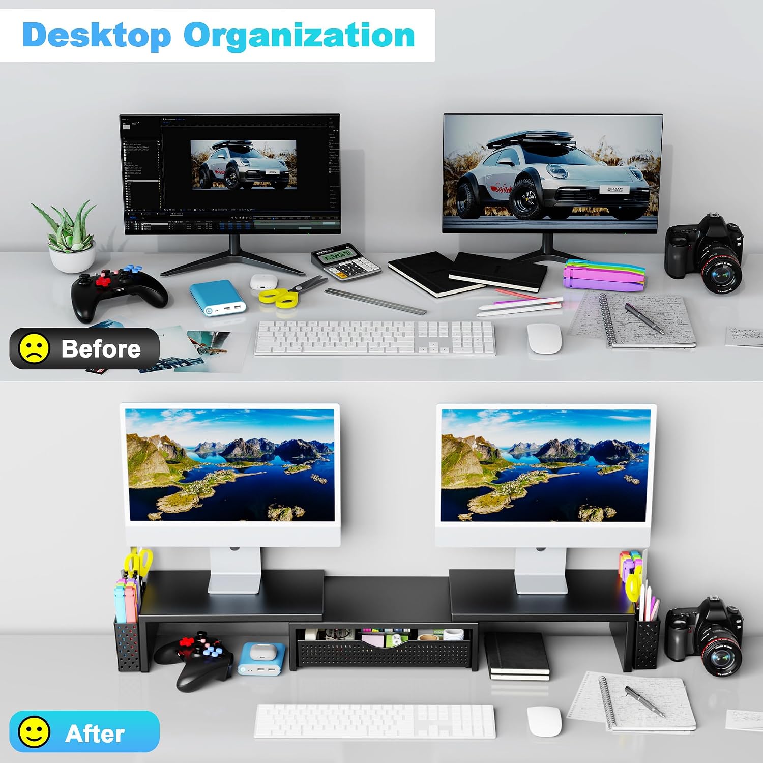 Spacrea Dual Monitor Stand Riser with Drawer and 2 Pen Holders - Image 3