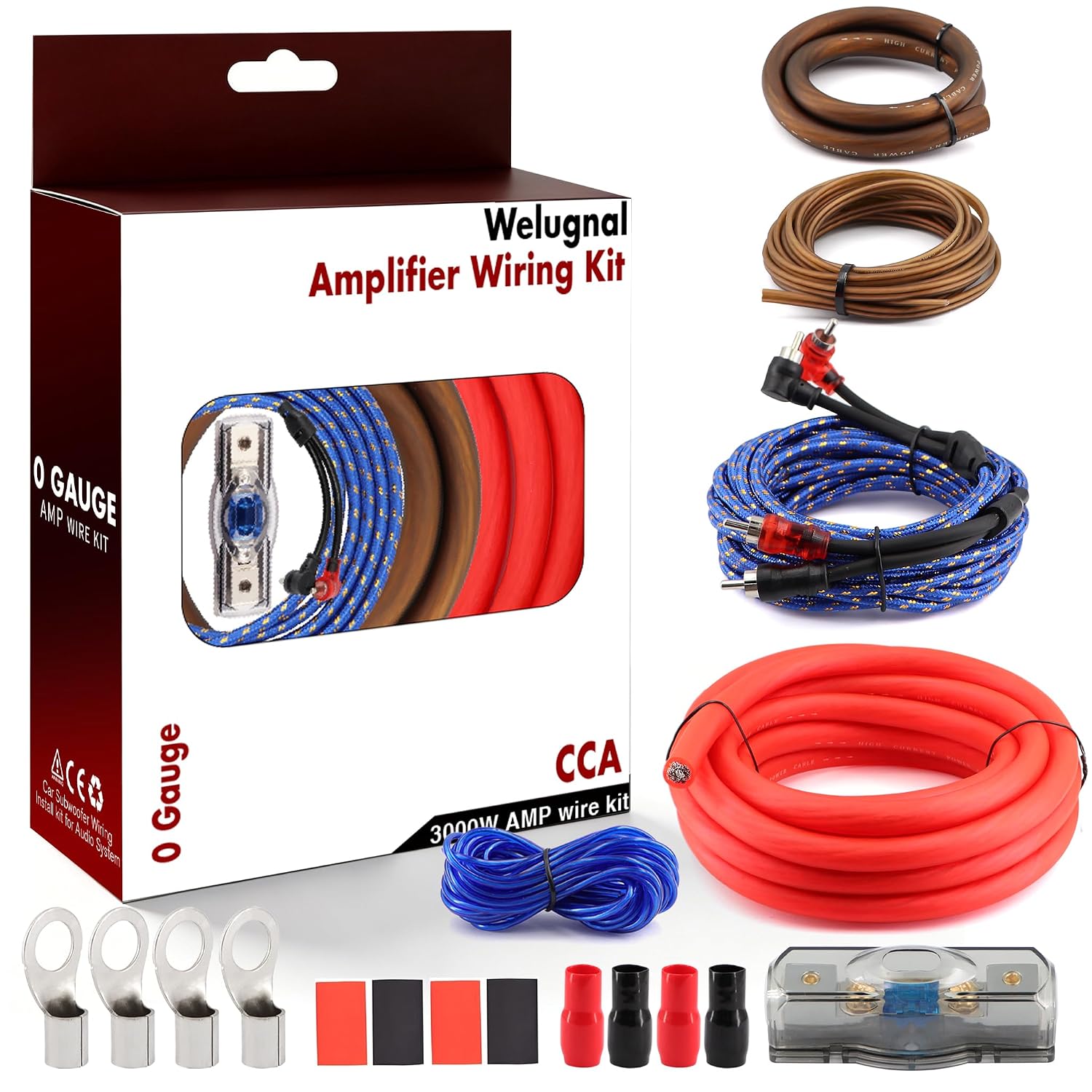 0 Gauge Amplifier Wiring Kit 3000W,Complete Car Audio Install kit with 17FT 0 AWG CCA Power Cable,RCA Cable & Speaker Wire,100A AGU Fuse Holder,3ft CCA Ground | for Subwoofer Amp Wiring Kit