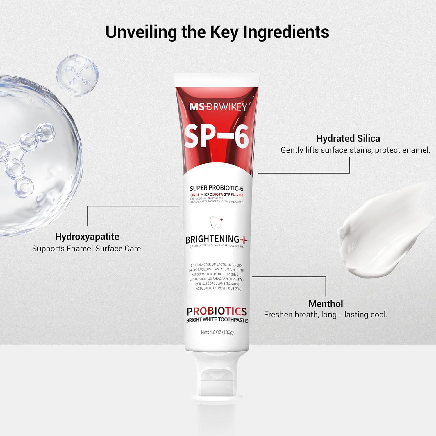 MSDRWIKEY SP-6 Probiotic Whitening Toothpaste - Enhanced Formula with 6 Probiotics for Teeth Whitening and Gum Health - Enamel-Safe, Fluoride-Free, Fresh Mint Flavor, 4.6oz (2) - Image 4
