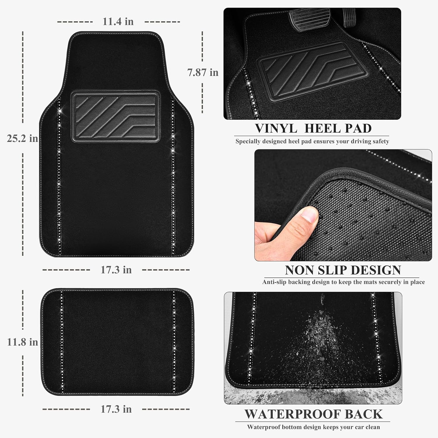 CAR PASS 14 PCS Bling Diamond Car Accessories Set for Women, Leather Seat Covers Front Seats Sparkly Rhinestone 15'' Steering Wheel Covers Shining Diamond Car Floor Mats Cute Interior Sets, Silver - Image 7