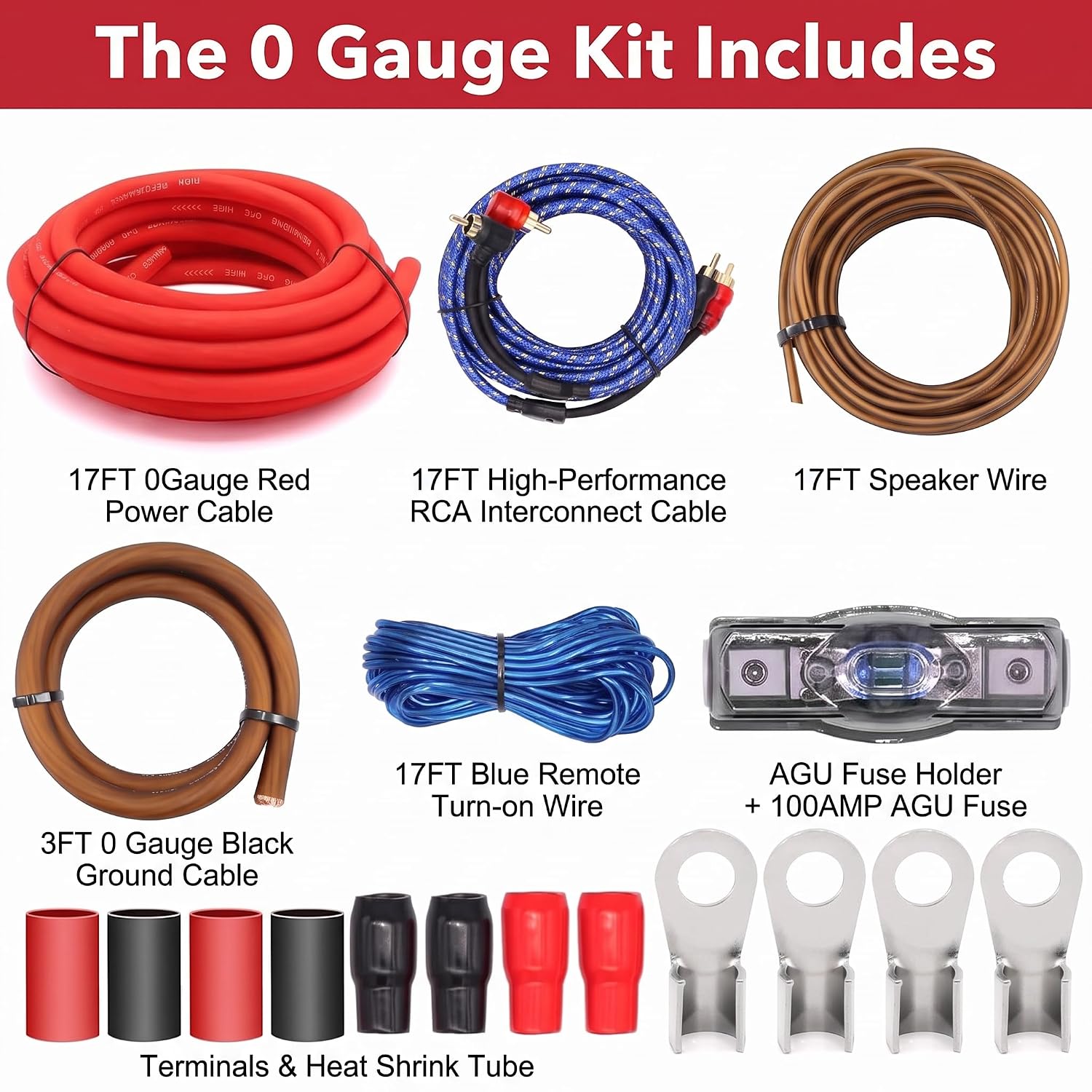 0 Gauge Amplifier Wiring Kit 3000W,Complete Car Audio Install kit with 17FT 0 AWG CCA Power Cable,RCA Cable & Speaker Wire,100A AGU Fuse Holder,3ft CCA Ground | for Subwoofer Amp Wiring Kit - Image 3