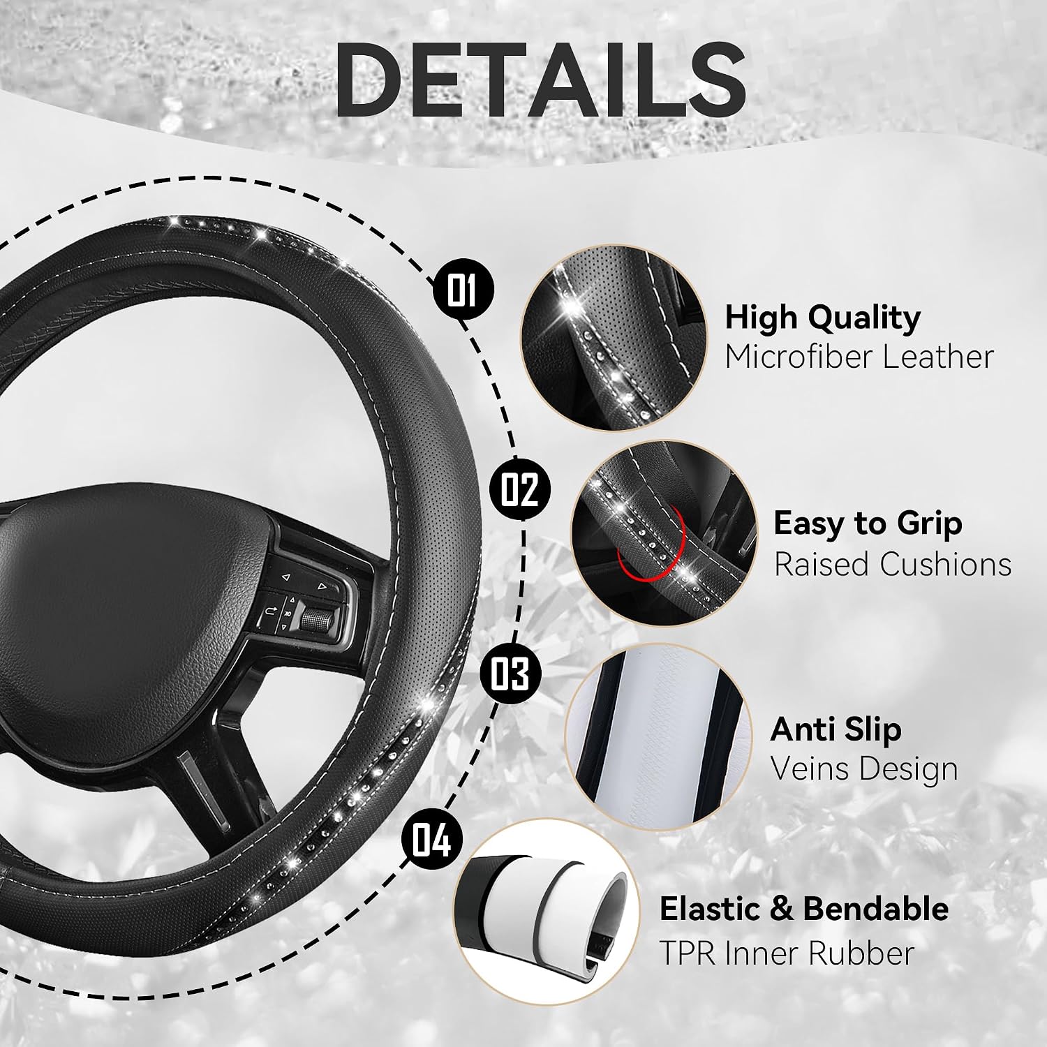 CAR PASS 14 PCS Bling Diamond Car Accessories Set for Women, Leather Seat Covers Front Seats Sparkly Rhinestone 15'' Steering Wheel Covers Shining Diamond Car Floor Mats Cute Interior Sets, Silver - Image 6