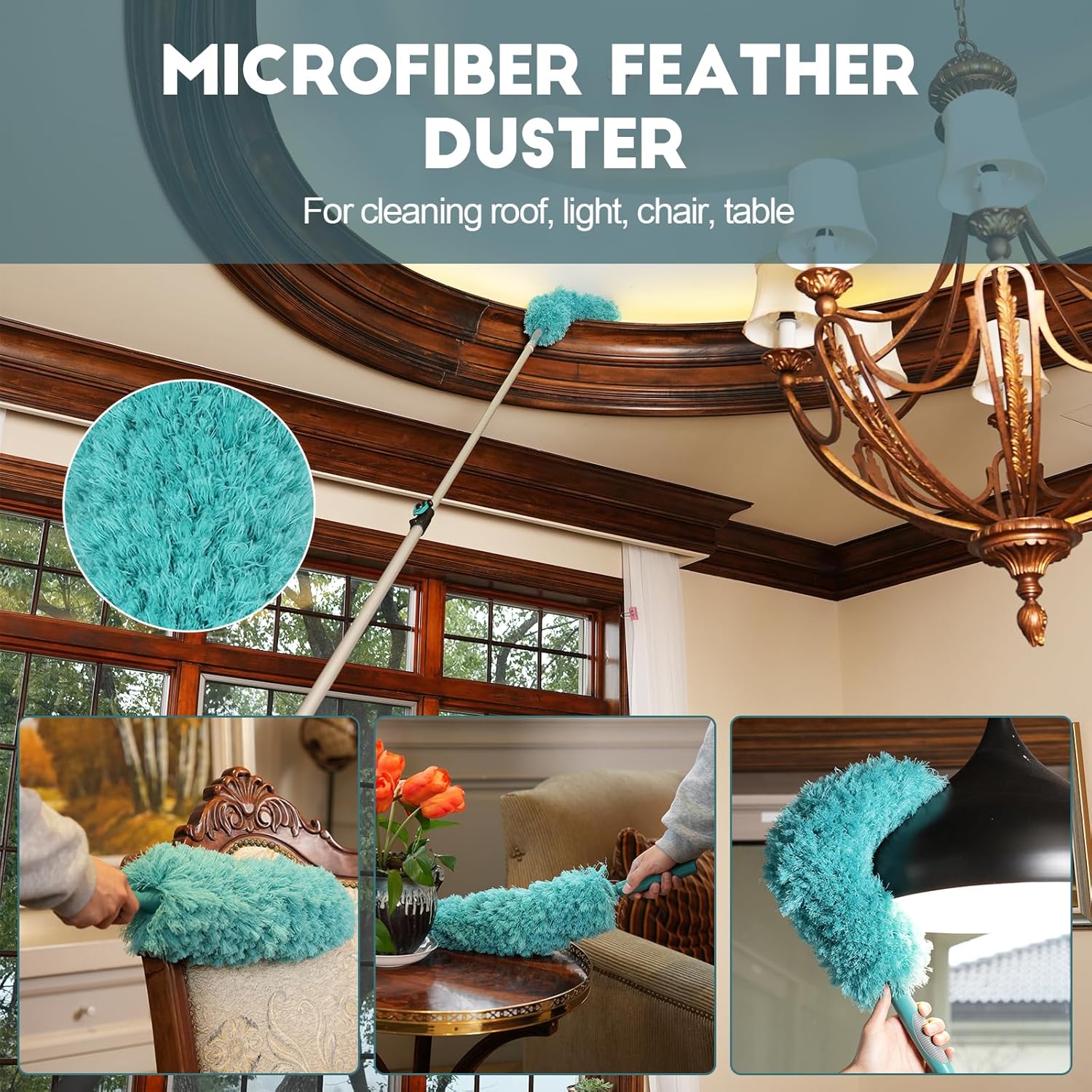 TelesPro 20 Foot High Reach Duster Kit with 5-12FT Extension Pole High Ceiling Dusting and Window Cleaning Kit with Telescopic Pole Window Washer&Squeegee,Cobweb Duster,Fan Duster and Feather Duster - Image 5
