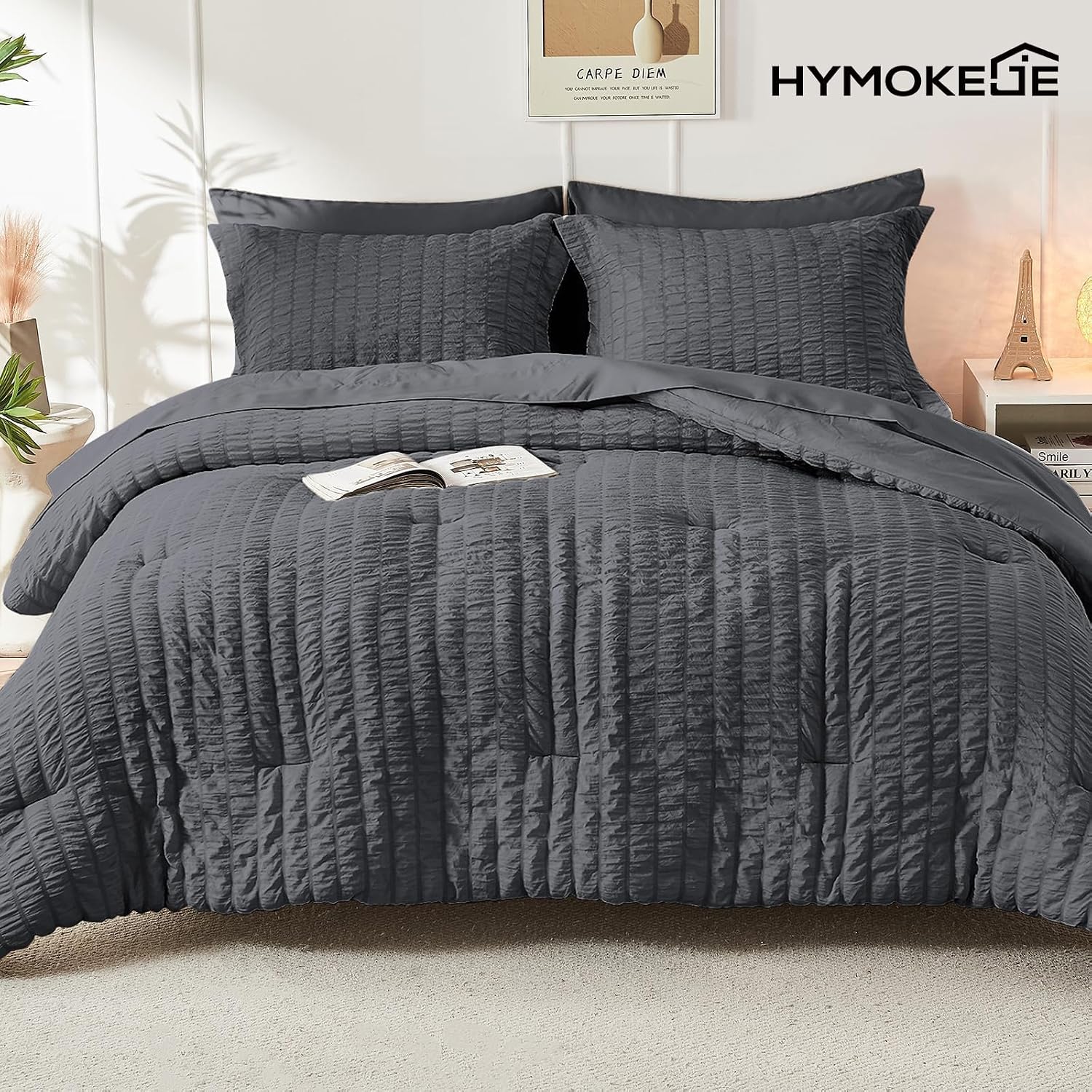 Queen Comforter Set - 7PCS Bed in a Bag, Seersucker Bedding Set, Dark Grey - Image 9