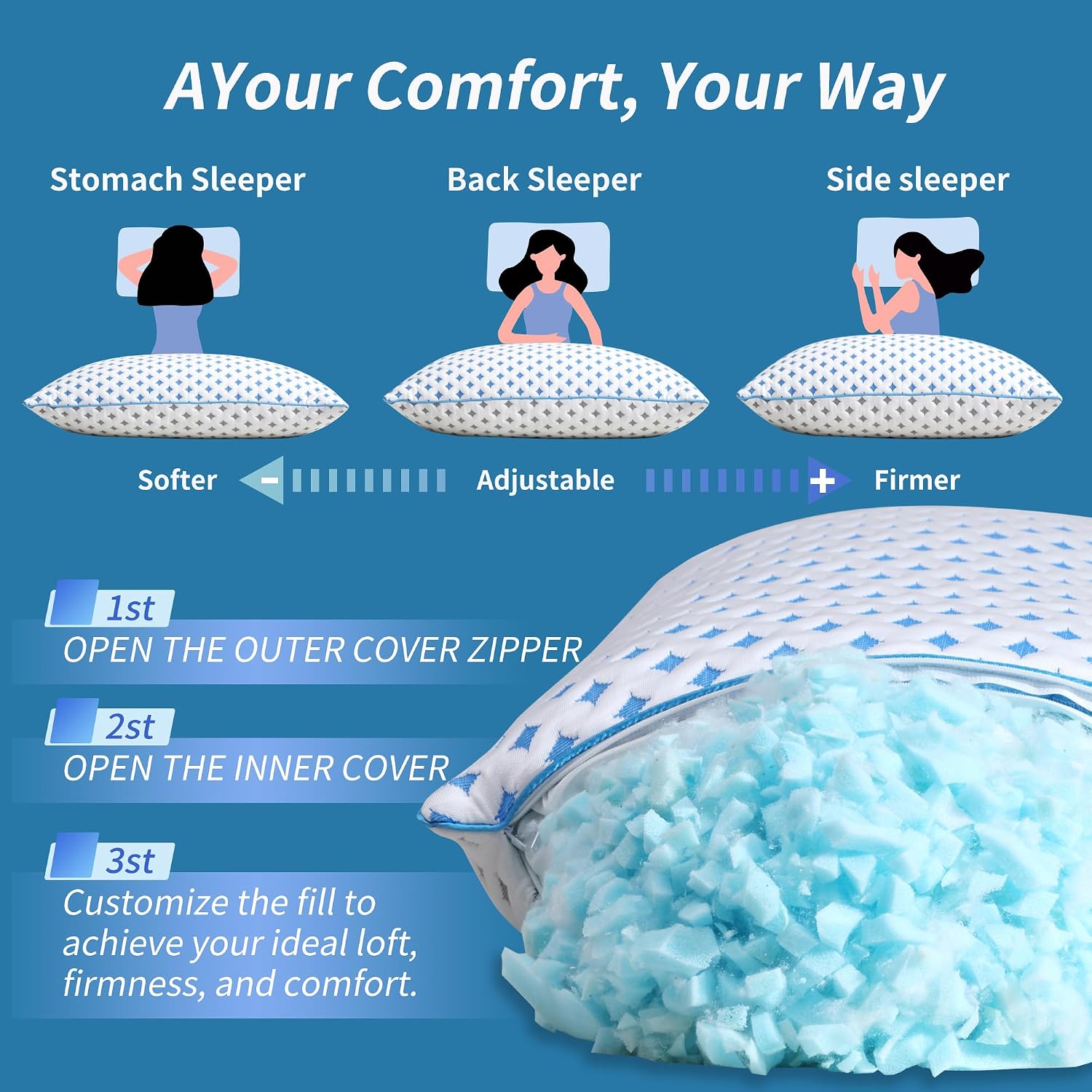 Queen Pillow 1 Pack, Cooling Shredded Memory Foam Pillow - Image 5