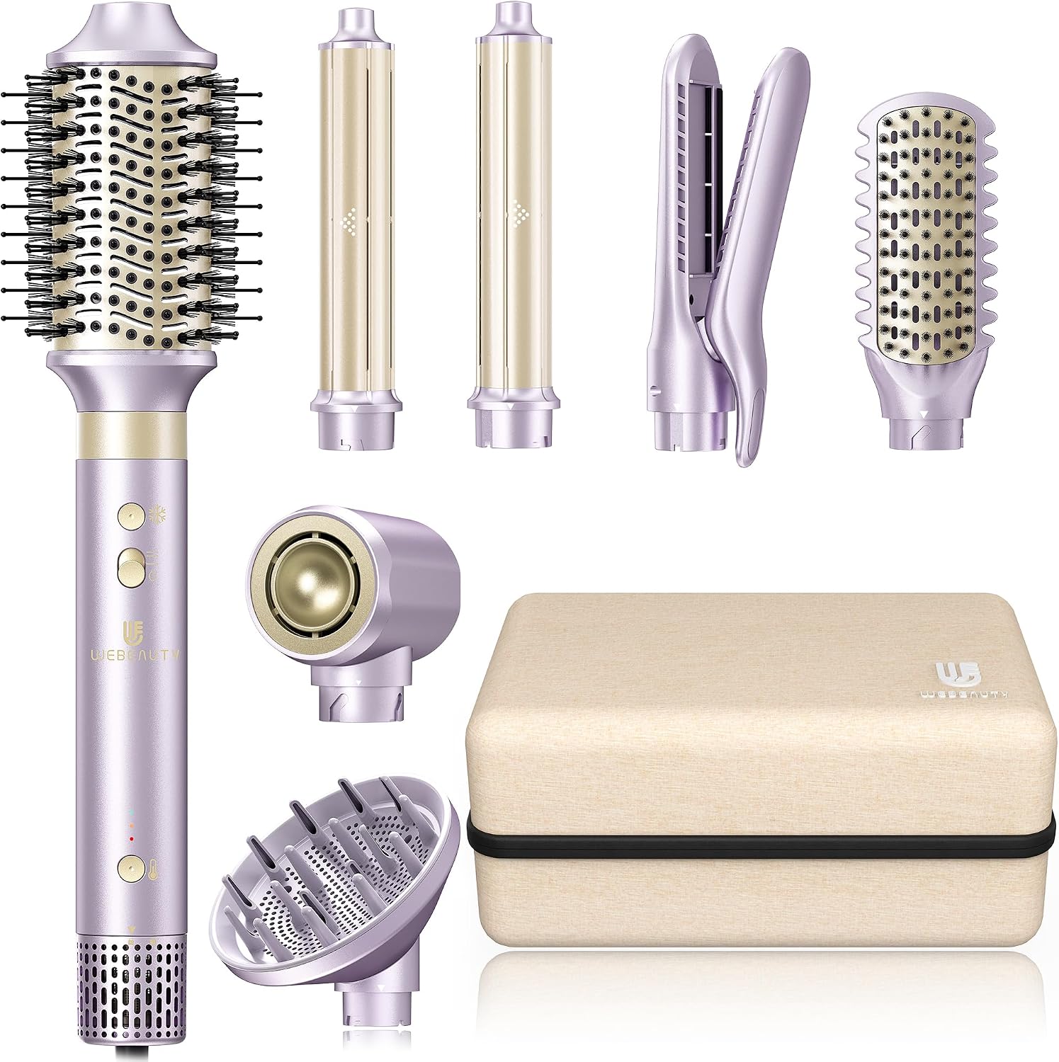 Hair Dryer Brush 7-in-1 Dual Voltage Hot Air Styler – Fast-Drying 110,000 RPM Ionic Blow Dryer with Straightener & Curler Attachments, Frizz-Free Volumizing Styler with Protective Hard Case-Purple