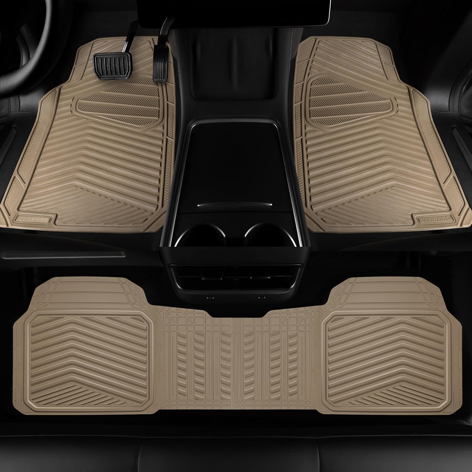 CAR PASS Rubber Car Mats, Waterproof Car Floor Mats All Weather Car Mat Full Set 3 Piece, Tan Automotive Floor Mat Trim to Fit for Cars Sedan SUVs Trucks, Anti-Slip Easy Clean, All Beige - Image 4