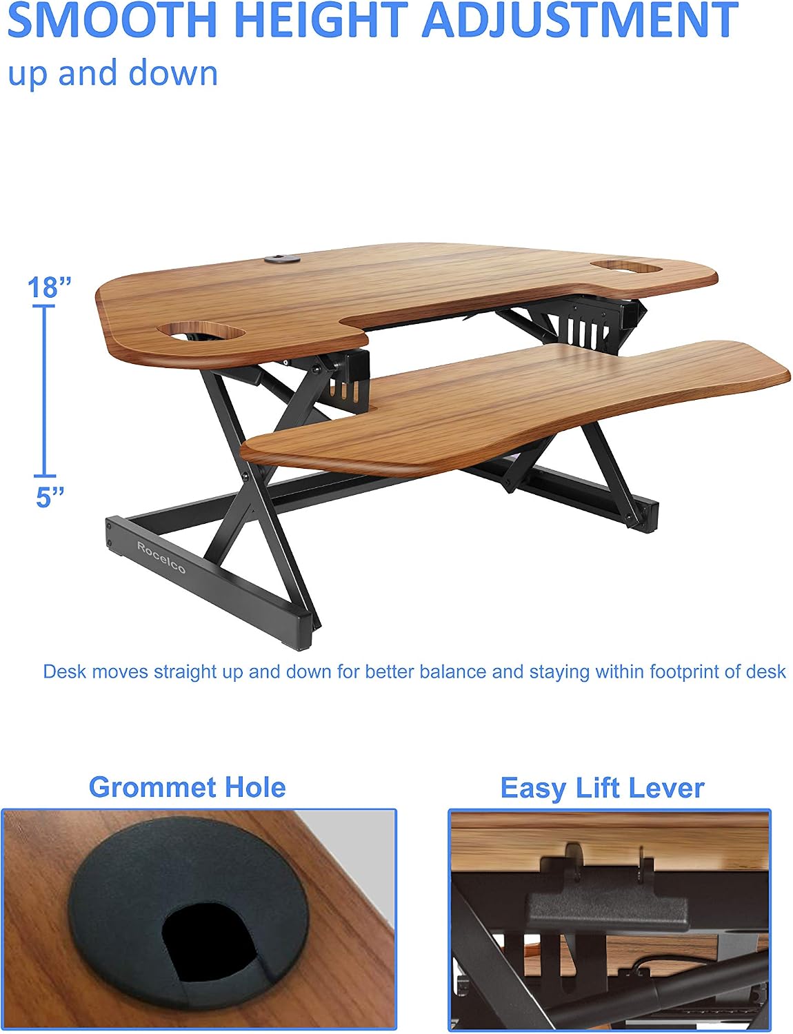 Rocelco 46" Large Height Adjustable Corner Standing Desk Converter - Quick Sit Stand Up Dual Monitor Riser - Gas Spring Assist Computer Workstation - Wide Keyboard Tray - Teak Wood Grain (R CADRT-46) - Image 2