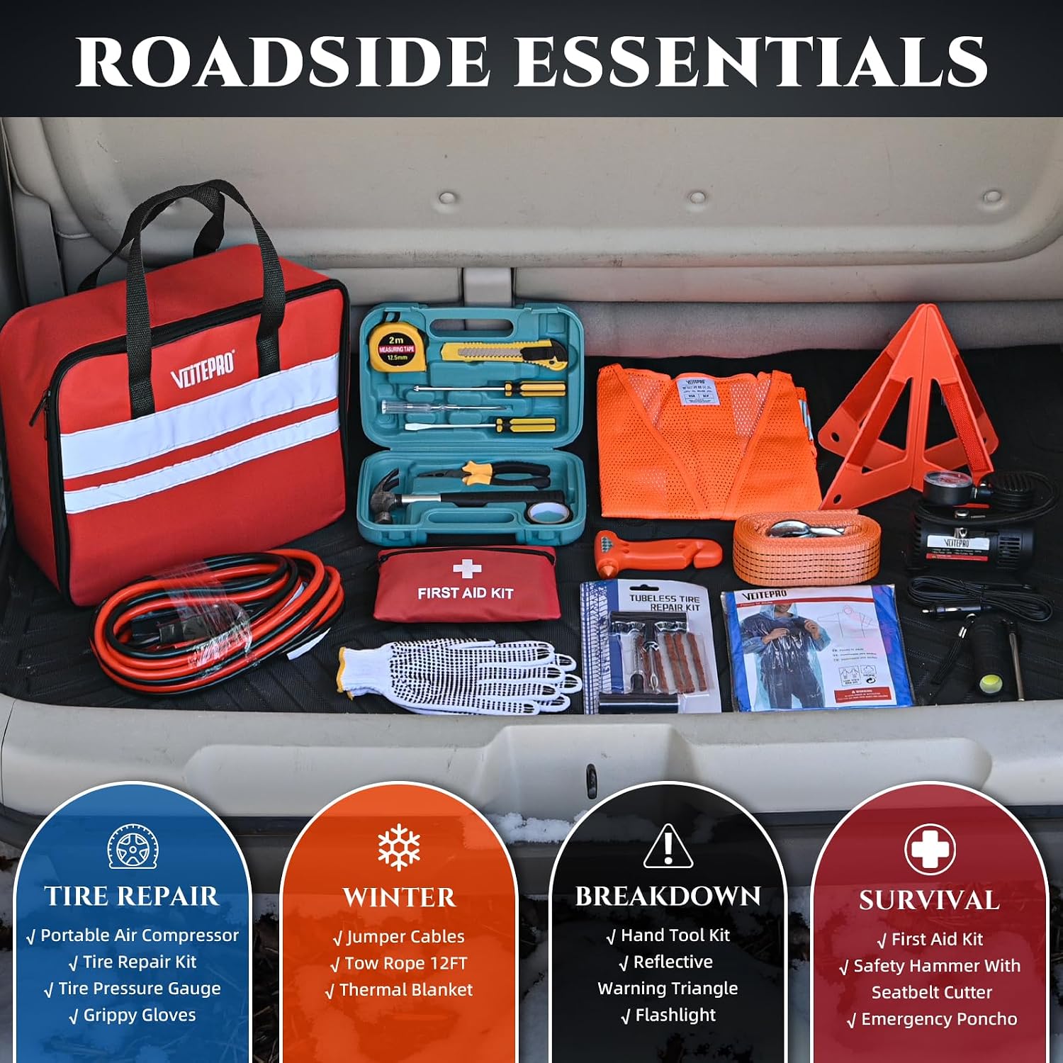 Roadside Emergency Car Kit for Vehicles, Car Emergency Kit with Jumper Cables, Air Compressor, First Aid Kit, Car Safety Tool Kits, Road Trip Assistance for Men, Women, New Driver Gifts - Image 6