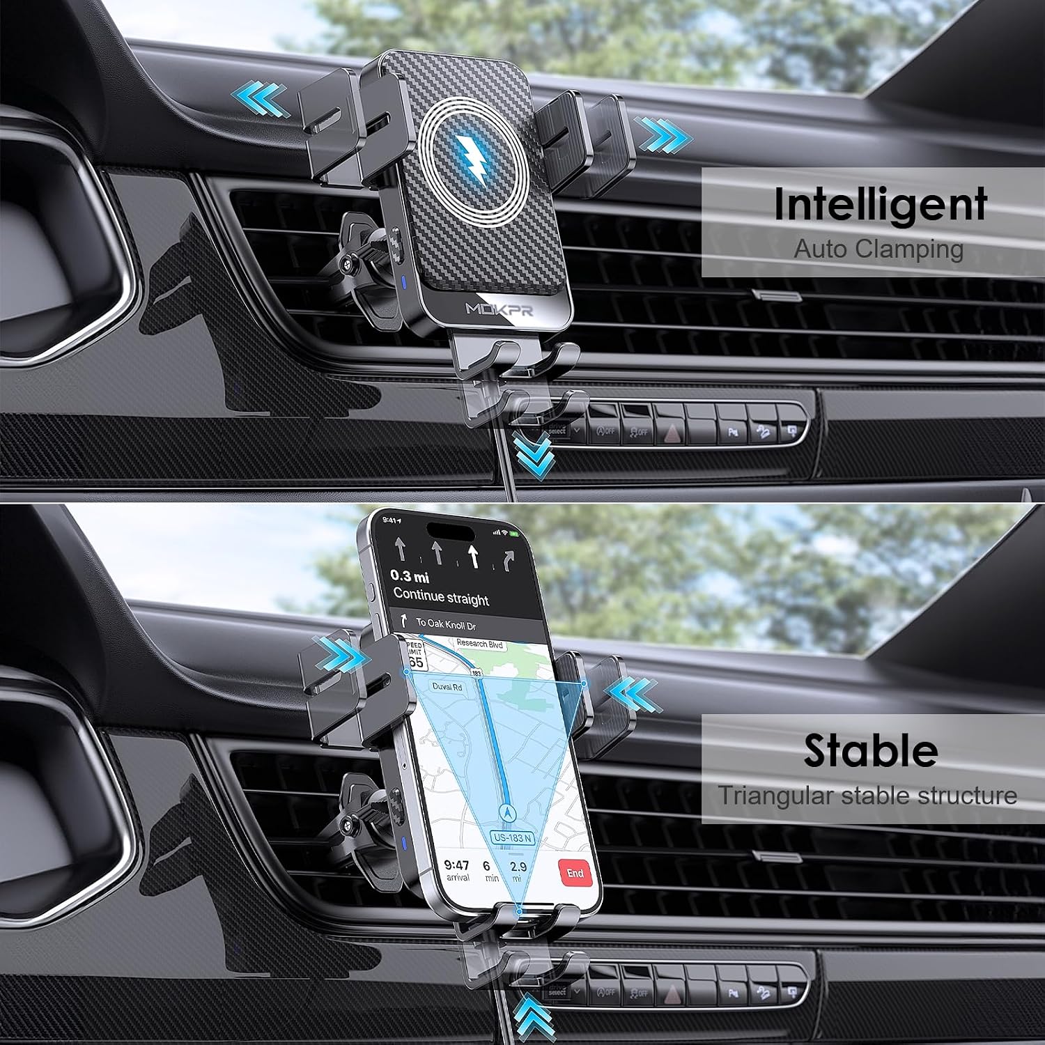 Wireless Car Charger 15W Fast Charging Auto-Clamping Air Vent Phone Mount - Image 3