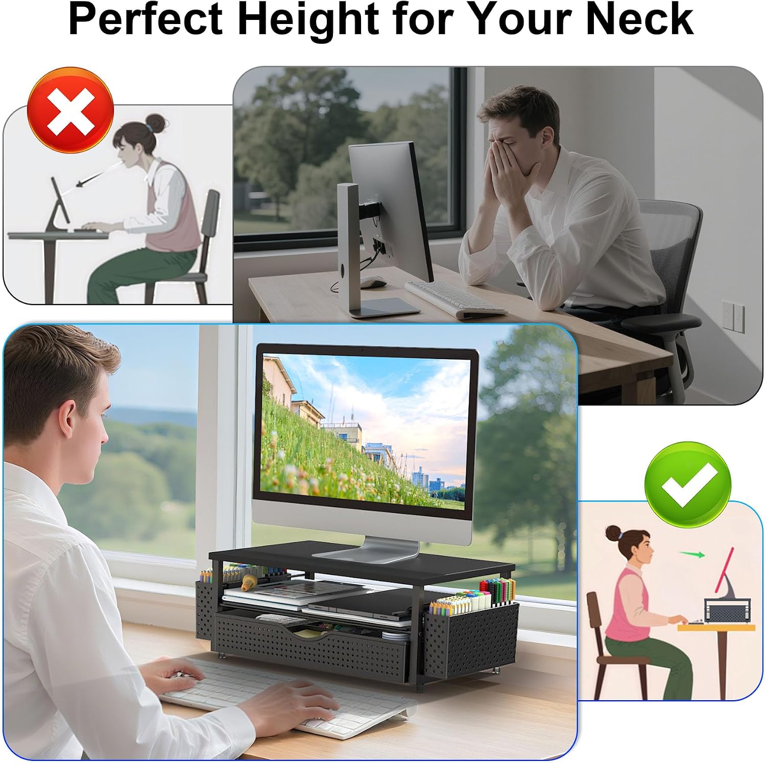 Spacrea Computer Monitor Stand with Drawer and 2 Pen Holders, Black - Image 4