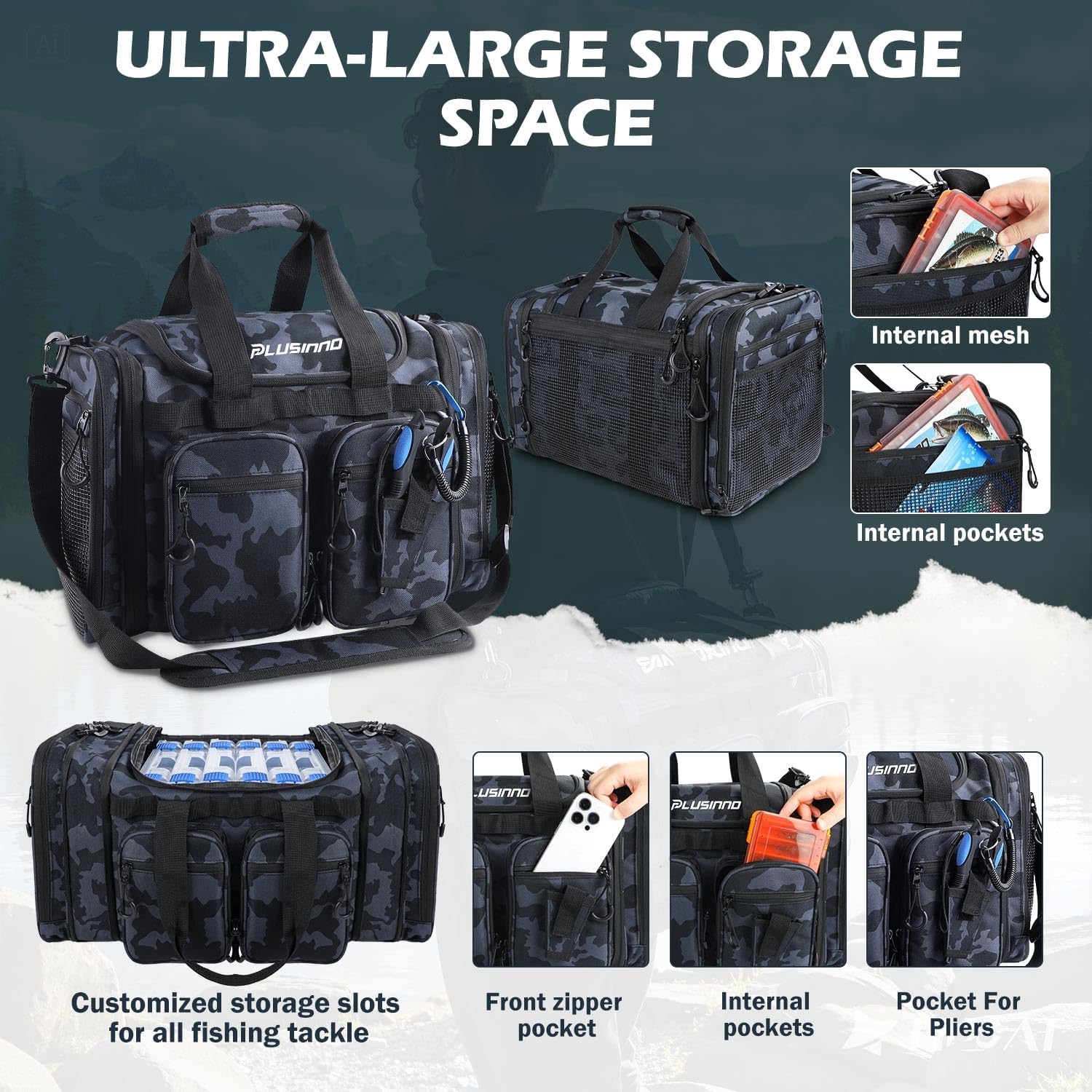 PLUSINNO Tackle Bag - Expandable Fishing Bag for Saltwater & Freshwater - Water Resistant Fishing Gear Shoulder Bag For Men, All-purpose Carrying Bags for Outdoors - Image 4