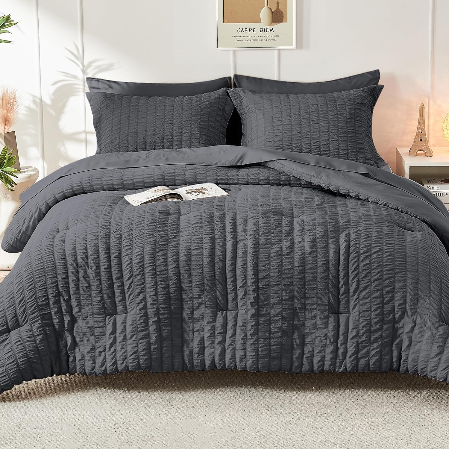 Full Comforter Set - 7PCS Bed in a Bag, Seersucker Bedding Set, Dark Grey - Image 9