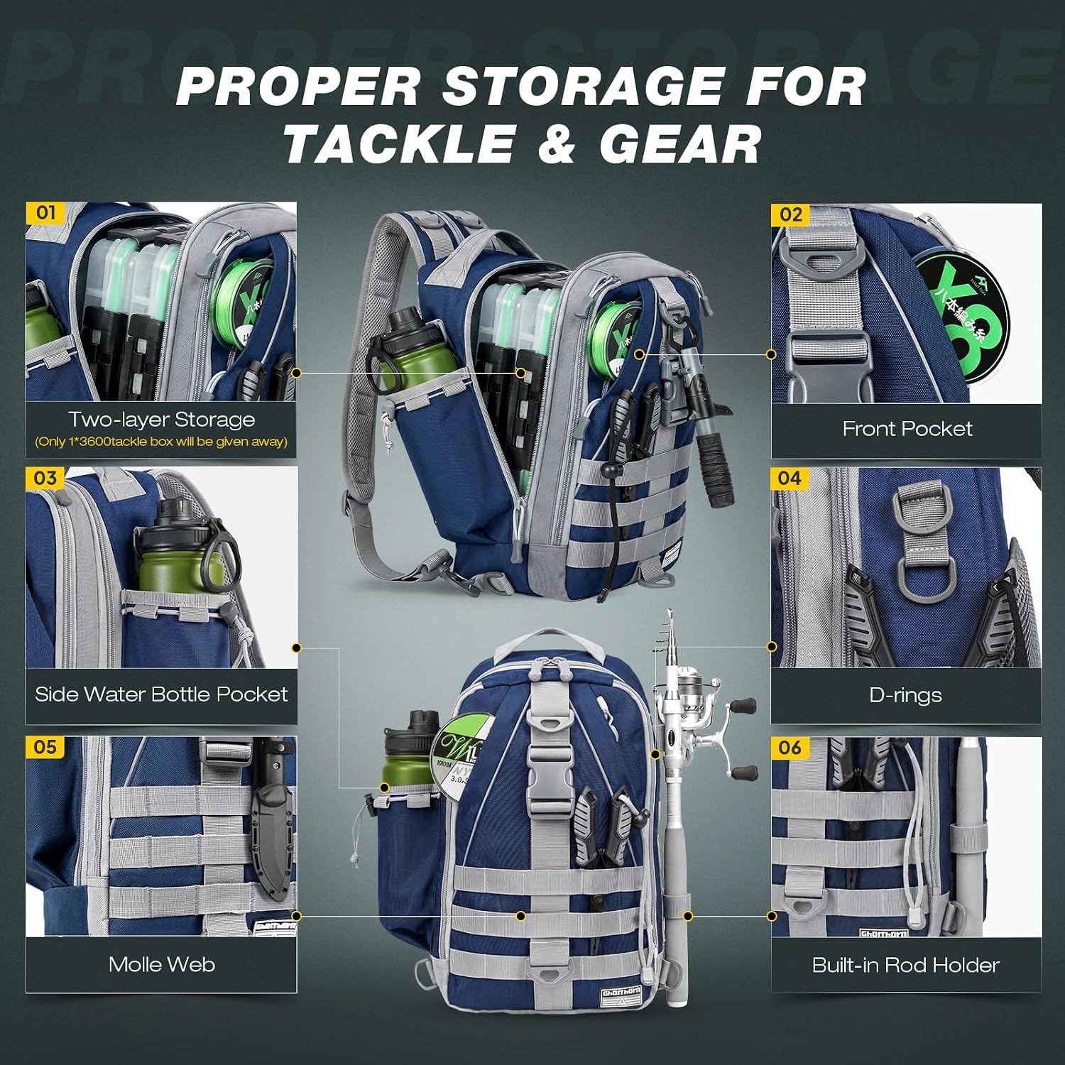Ghosthorn Fishing Backpack with 3600 Tackle Box Fishing Gear Set Tackle Bag - Image 2