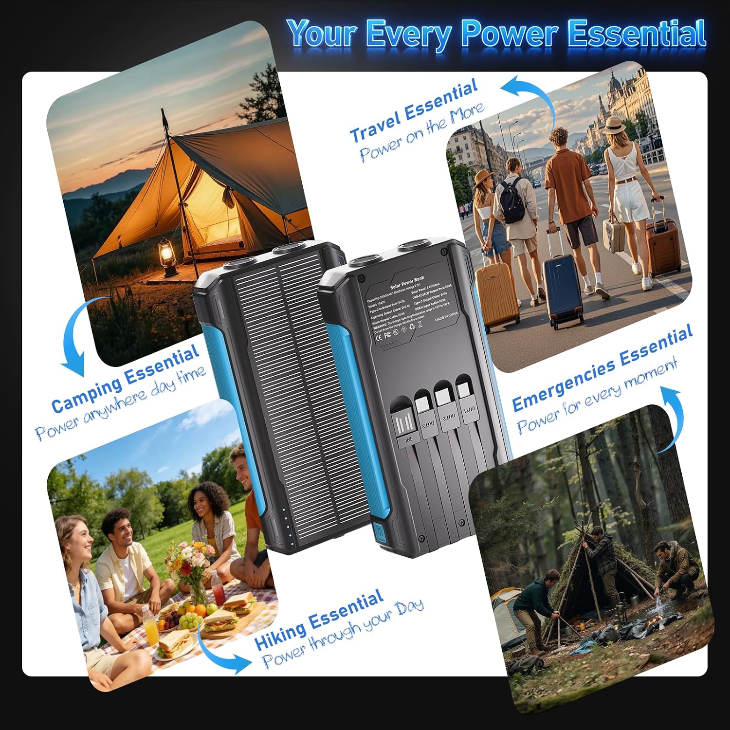 Solar Power Bank 20000 mAh Built-in 3 Cables Wireless Charger - Image 6