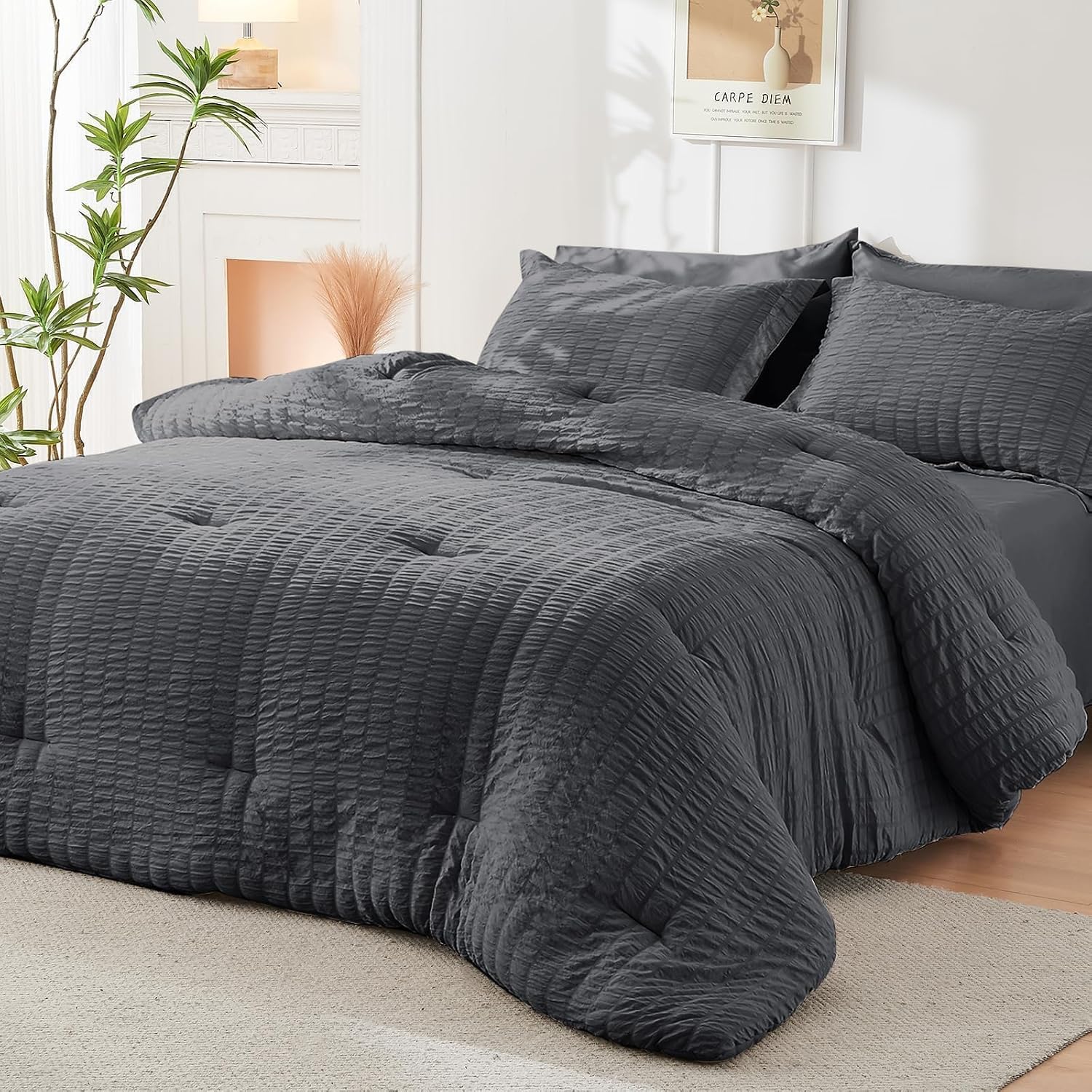 Queen Comforter Set - 7PCS Bed in a Bag, Seersucker Bedding Set, Dark Grey - Image 8