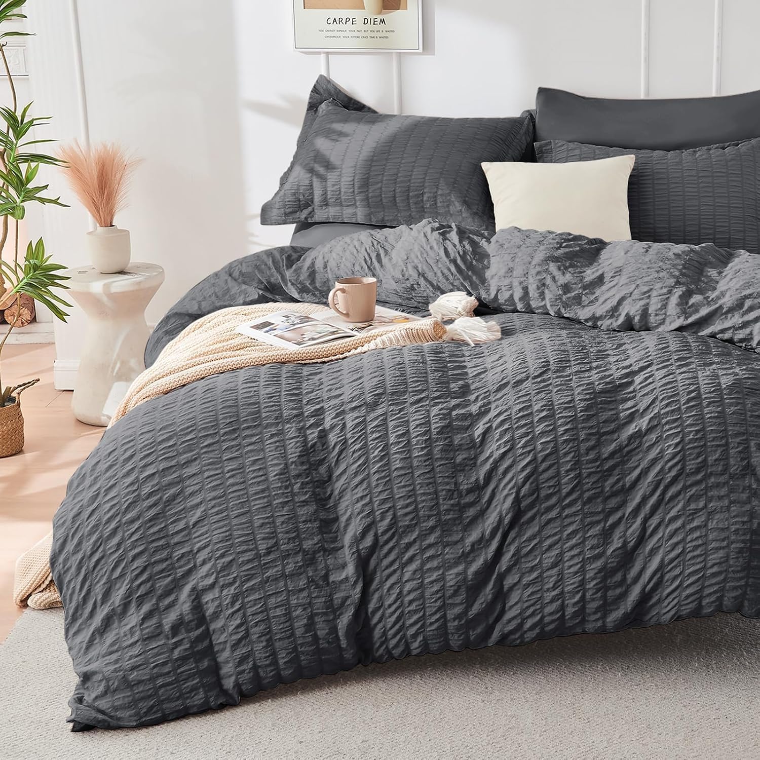 Full Comforter Set - 7PCS Bed in a Bag, Seersucker Bedding Set, Dark Grey - Image 2