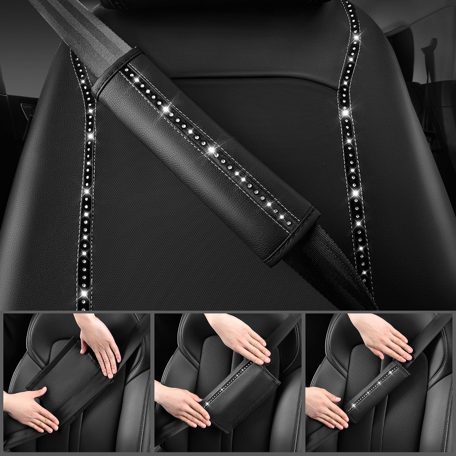 CAR PASS 14 PCS Bling Diamond Car Accessories Set for Women, Leather Seat Covers Front Seats Sparkly Rhinestone 15'' Steering Wheel Covers Shining Diamond Car Floor Mats Cute Interior Sets, Silver - Image 8