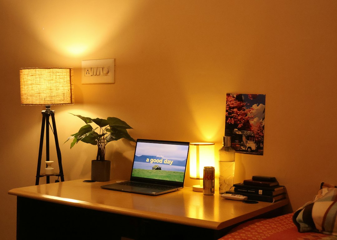 A laptop, a potted plant, and a lamp on a desk in a warm room